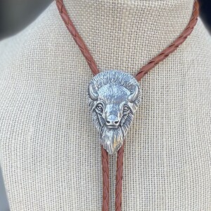 Southwestern Buffalo Bolo Tie - Handmade Solid Pewter - Brown Gifts for Him Leather Cowboy Necktie Accessories Mens Necklace Leather Cord