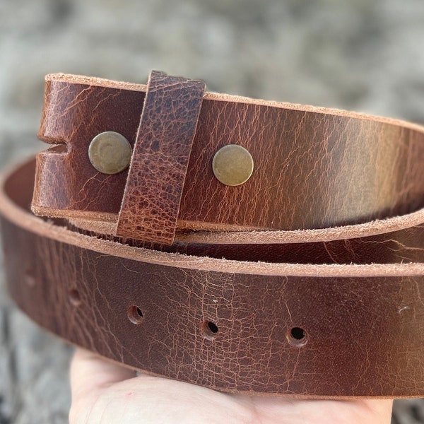 Vintage Style Leather Snap Belt Strap - Distressed - Thick Cow Hide 100% For Buckles - Removable Strap Without Buckle  Camel Tan Gift Idea