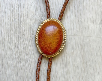 Orange Oval Stone Bolo Tie - Gold Frame Brown Leather Cord Men's Necklace Lariat Cowboy Formal Wedding Attire Groomsmen Gift Bridal