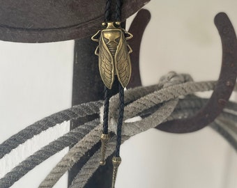 Cicada Bolo Tie - Western Gifts for Him - Leather Cowboy Necktie Accessories Mens Necklace Bug Insect Beetle Wing Brass Bola Man Accessories