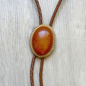 Orange Oval Stone Bolo Tie - Gold Frame Brown Leather Cord Men&#39;s Necklace Lariat Cowboy Formal Wedding Attire Groomsmen Gift Bridal
