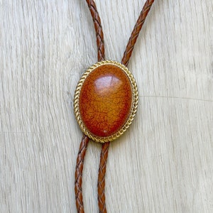 Orange Oval Stone Bolo Tie - Gold Frame Brown Leather Cord Men's Necklace Lariat Cowboy Formal Wedding Attire Groomsmen Gift Bridal