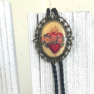 Sacred Heart Rose Bolo Tie - Crown Mexican Art - Western style gifts for her leather necktie accessories tattoo flower gothic Anatomical Red