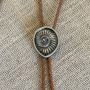 Silver Fossil Ammonite Bolo Tie - Handmade Unique Leather Lariat Neck Tie with Cord Tone Tips Southwest Mens Shell Snail Cool Necklace Bola