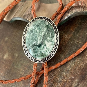 Sage Green Stone Bolo Tie: Leather Cowboy Necktie, Southwestern Style