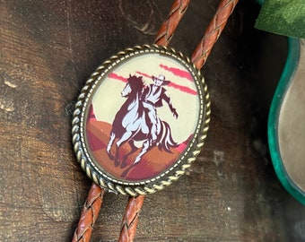 Vintage Cowboy Bolo Tie : Handmade Leather Necktie with Horse Rider