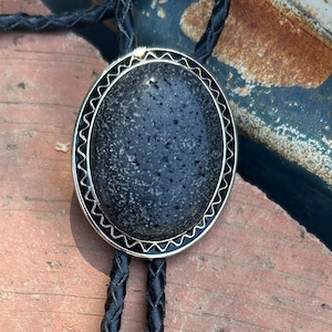 Black Lava Rock Bolo Tie: Silver Tone Cowboy Necktie, Leather Cord