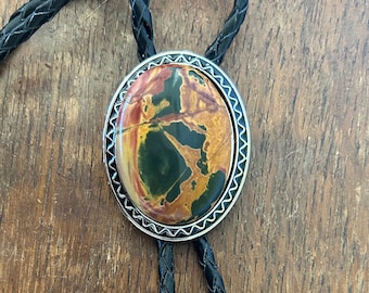 Picasso Jasper Bolo Tie : Southwestern Genuine Stone Leather Necktie