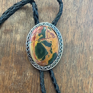 Picasso Jasper Bolo Tie: Southwestern Genuine Stone Leather Necktie