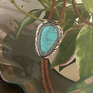 Teardrop Turquoise Bolo Tie - Gifts for Him Cabochon Indian Leather Cowboy Necktie Accessories Mens Necklace - Leather Brown Cord Woven