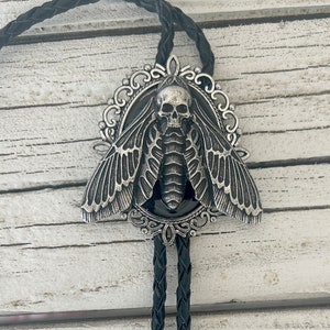 Large dead head moth bolo tie - necklace metal insect - death goth punk retro unisex jewelry witch bola rockabilly men bug insect butterfly