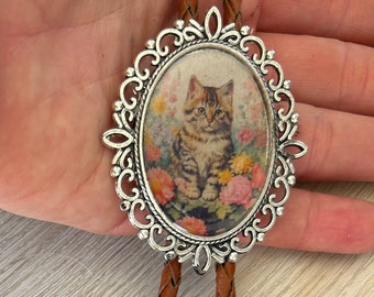Vintage Kitten Portrait Bolo Tie - Western Gifts for Her Leather Necktie Accessories Pink Necklace Animal Cat Whimsical Lover Silver Rose