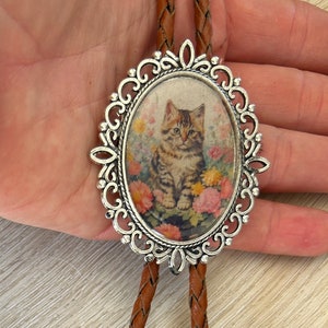 Vintage Kitten Portrait Bolo Tie - Western Gifts for Her Leather Necktie Accessories Pink Necklace Animal Cat Whimsical Lover Silver Rose