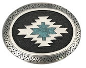 Vintage Turquoise Stone Inlay Belt Buckle - Navajo Western Design - Tribal - Southwestern - Inlaid - Chevron - Indian Design Hopi Silver