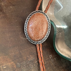 Sunstone Bolo Tie: Brown Leather Cord, Southwestern Cowboy Necklace