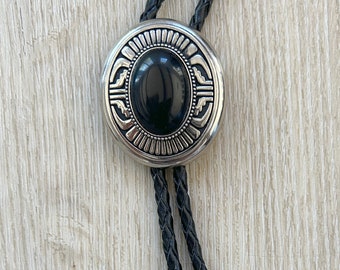 Southwestern Black Stone Bolo Tie - Gifts for Him Cabochon Indian Leather Cowboy Necktie Accessories Mens Necklace - Leather Cord Woven