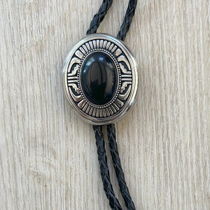 Southwestern Black Stone Bolo Tie - Gifts for Him Western Cowboy Necktie Accessories Mens Necklace Leather Cord Woven Outfit Rodeo Man Bola