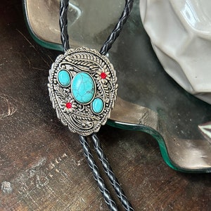 Southwestern Turquoise Bolo Tie - Gifts for Him Cabochon Indian Leather Cowboy Necktie Accessories Mens Necklace - Leather Cord Woven