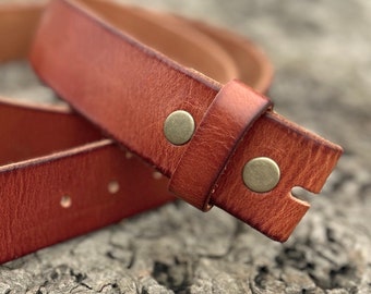 Distressed Brown Premium Leather Snap Belt - Removable - Snap On - Tan Soft - Thick - Genuine - Made in USA - Men's Womens Change Buckle