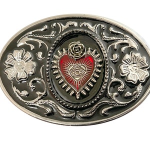 Sacred Heart Rose Belt Buckle - Crown Mexican Art Western style gifts for her leather accessories tattoo Corazon Fuego Latin Anatomical Red