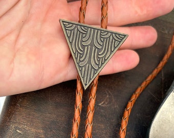 Brass Triangle Bolo Tie - Gifts for Him Cabochon Indian Leather Cowboy Necktie Accessories Mens Necklace Leather Cord Man Attire Gold