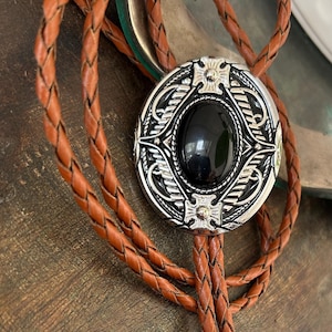 Southwestern Black Stone Bolo Tie: Leather Cord Cowboy Necklace