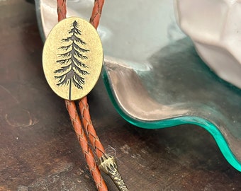 Pine Tree Bolo Tie - Pine Forest Moon Gifts for Him - Bola Leather Cowboy Necktie Accessories Mens Necklace Hipster Black Camping Brown