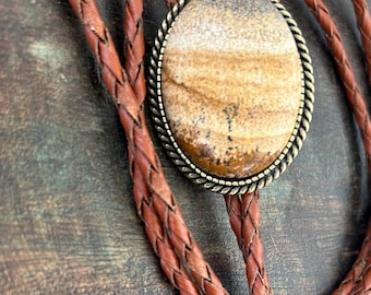 Picture Jasper Bolo Tie : Brown Leather Cord, Southwestern Design
