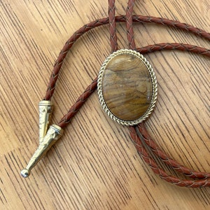 Southwestern Jasper bolo tie - Necktie Lariat Stone Cabochon Brown Gold Tips Metal Brown Cord Mens Wedding Attire Groomsmen Accessories Bola