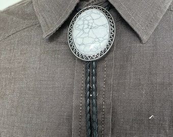 Southwestern White Stone Bolo Tie - Gifts for Him Cabochon Indian Leather Cowboy Necktie Accessories Mens Necklace - Leather Cord Woven