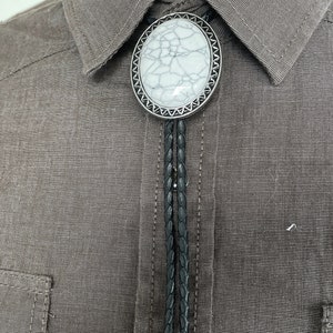 Southwestern White Stone Bolo Tie - Gifts for Him Cabochon Indian Leather Cowboy Necktie Accessories Mens Necklace - Leather Cord Woven