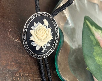 White and Black Rose bolo tie - Western style gifts for her cabochon leather cowboy necktie accessories Cowgirl Cord Necklace tattoo flower