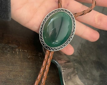 Southwestern Green Stone Bolo Tie - Gifts for Him Cabochon Indian Leather Cowboy Necktie Accessories Mens Necklace - Leather Cord Woven