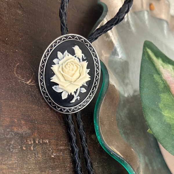 White and Black Rose bolo tie - Western style gifts for her cabochon leather cowboy necktie accessories Cowgirl Cord Necklace tattoo flower