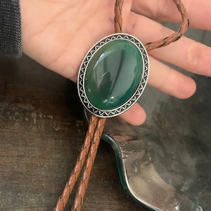 Southwestern Green Stone Bolo Tie - Gifts for Him Cabochon Indian Leather Cowboy Necktie Accessories Mens Necklace - Leather Cord Woven