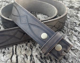 Distressed Gray Tooled Leather Snap Belt Strap - 100% Full Grain Western Style Cow Grey Removable belt strap - Grey Gray Brass Snaps