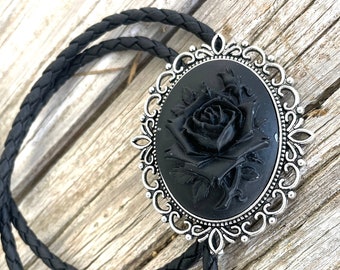 Black Rose Bolo Tie - Handmade Western Style Gifts for Her Cabochon Leather Cowboy Necktie Accessories Womens Victorian Tattoo Flower Gothic