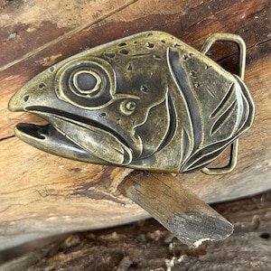 Beautiful Brass Fish Belt Buckle - Trout Salmon Head Rainbow River Fisherman Alaska Montana Sport Fishing Artist Mens Lake Nautical Gift Fly