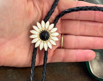 Daisy Bolo Tie - western style gifts for her cabochon leather cowboy flower necktie accessories womens victorian tattoo flower bola gold