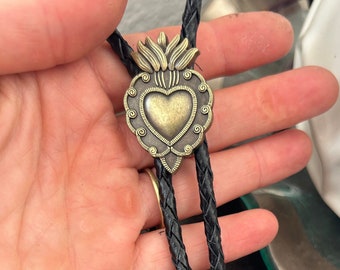 Sacred Heart Bolo Tie - Crown Mexican Art - Western style gifts for her leather necktie accessories tattoo flower gothic Anatomical Gold