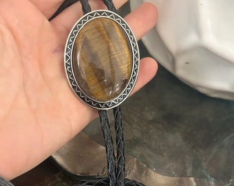 Southwestern Tigers Eye Bolo Tie - Gifts for Him Cabochon Indian Leather Cowboy Necktie Accessories Mens Necklace - Leather Cord Woven