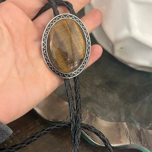 Southwestern Tigers Eye Bolo Tie - Gifts for Him Cabochon Indian Leather Cowboy Necktie Accessories Mens Necklace - Leather Cord Woven