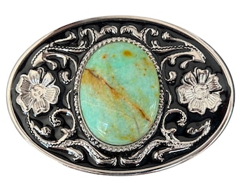 Superbe boucle de ceinture turquoise - Design occidental - Cabochon - Pour femme - Ronde - Gravure en argent pour homme, femme, accessoires de mariage pour femme