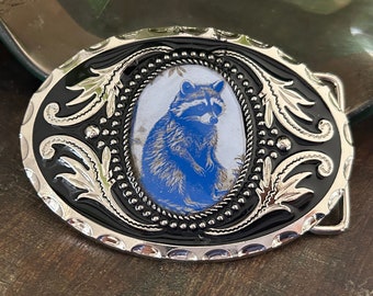 Raccoon Belt Buckle - Western Style Beautiful Silver Buckle Gifts for Him Leather Hunting Hunter Vintage Style Wedding Mens Hat Rodeo Tail