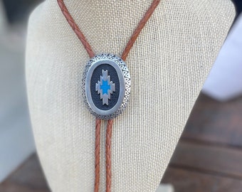 Chevron Turquoise Bolo Tie - Silver Oval Engraved Inlay Western Mens Cord Woven Necktie Necklace Bola Cowboy Style Wedding Party Bola Brown