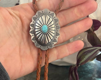 Southwestern Turquoise Bolo Tie - Gifts for Him Cabochon Indian Leather Cowboy Necktie Accessories Mens Necklace - Leather Brown Cord Woven