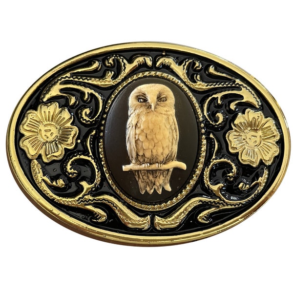 Owl Cameo Belt Buckle - Black White Inlay Centerpiece Barn Wings Face Hoot Western Style Silver Portrait Custom Animal Cute Goth Screech