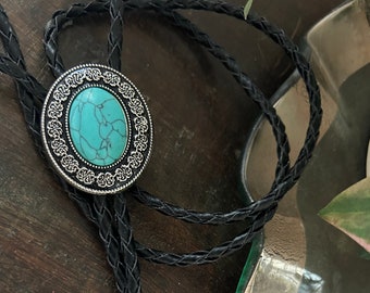 Stunning Black Vein Turquoise Bolo Tie - Gifts for Him Cabochon Indian Leather Cowboy Necktie Accessories Mens Necklace Leather Cord Woven