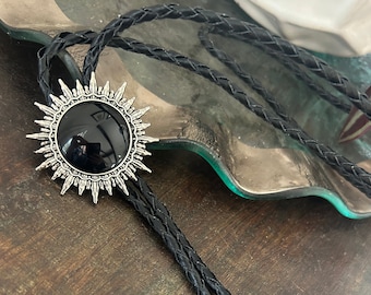 Southwestern Black Sun Bolo Tie - Gifts for Him Cabochon Indian Leather Cowboy Necktie Accessories Mens Necklace - Leather Cord Woven