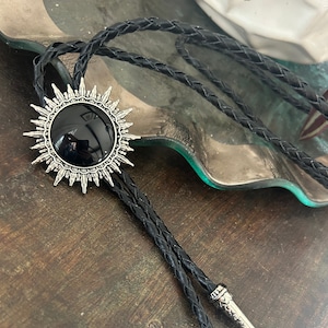 Southwestern Black Sun Bolo Tie - Gifts for Him Cabochon Indian Leather Cowboy Necktie Accessories Mens Necklace - Leather Cord Woven